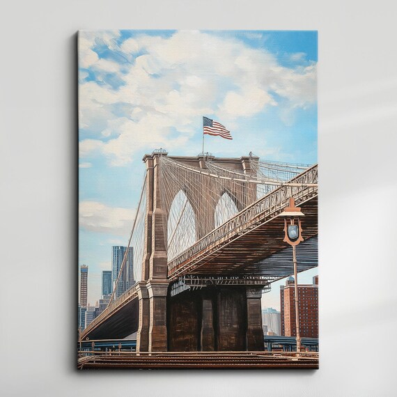 Brooklyn Bridge Tower Side Angle View Oil Painting NYC Poster