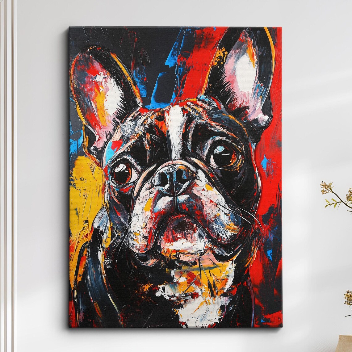 French Bulldog Portrait Bold Red Blue Abstract Oil Poster Painting