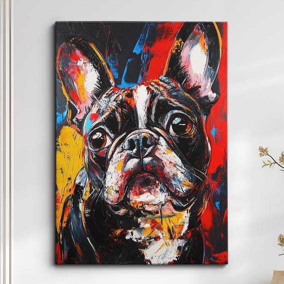 French Bulldog Paint Splash Dog Pet Abstract Modern Painting Wall Art Oil Framed Canvas Poster Home Kitchen Office Room Decor