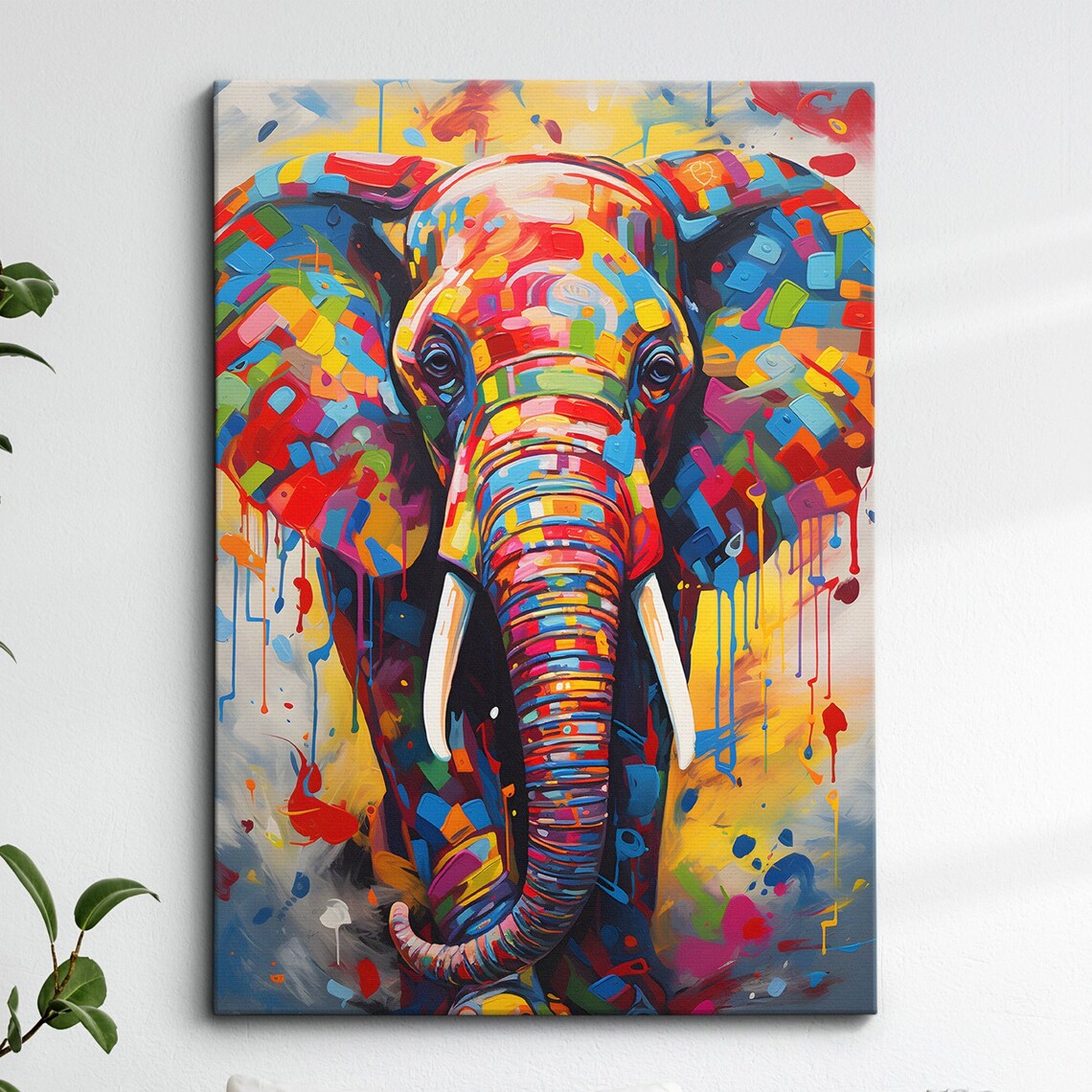 Elephant Abstract Oil Painting, Colourful Splatter Print