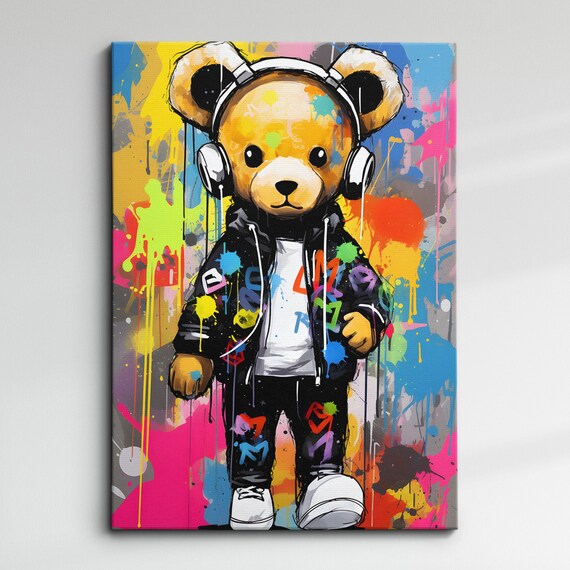 Dj Teddy Bear Graffiti Abstract Modern Oil Painting Wall Art Framed Canvas Poster Print Home Kitchen Office Bedroom Decor Gift For Kids