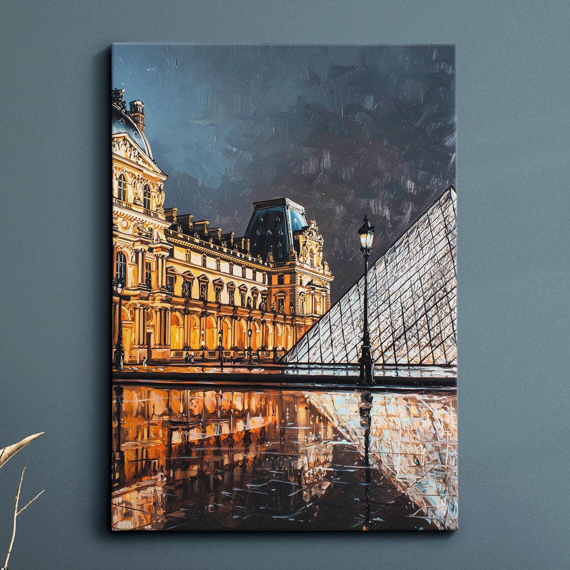 Louvre Museum Pyramid Night Rain Wet Reflections Oil Painting Poster