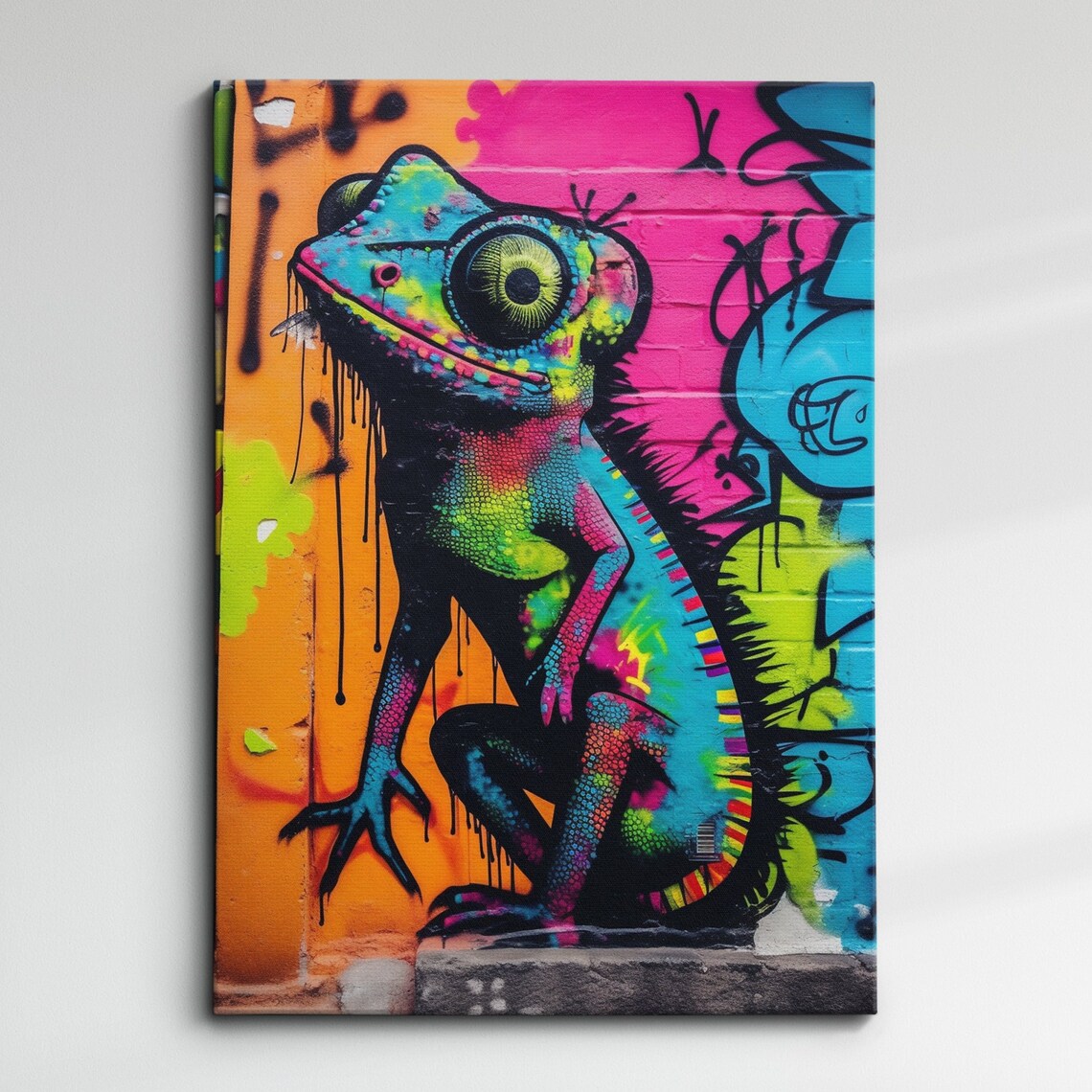 Neon Graffiti Chameleon Street Art Vivid Reptile Mural Poster