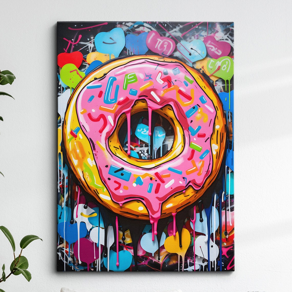 Fun Doughnut Graffiti Bakery Treat Abstract Oil Painting Wall Art Framed Canvas Poster Print Home Kitchen Office Bedroom Decor