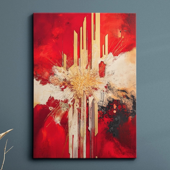 Red Gold Abstract City Spires Geometric Oil Painting Canvas Poster