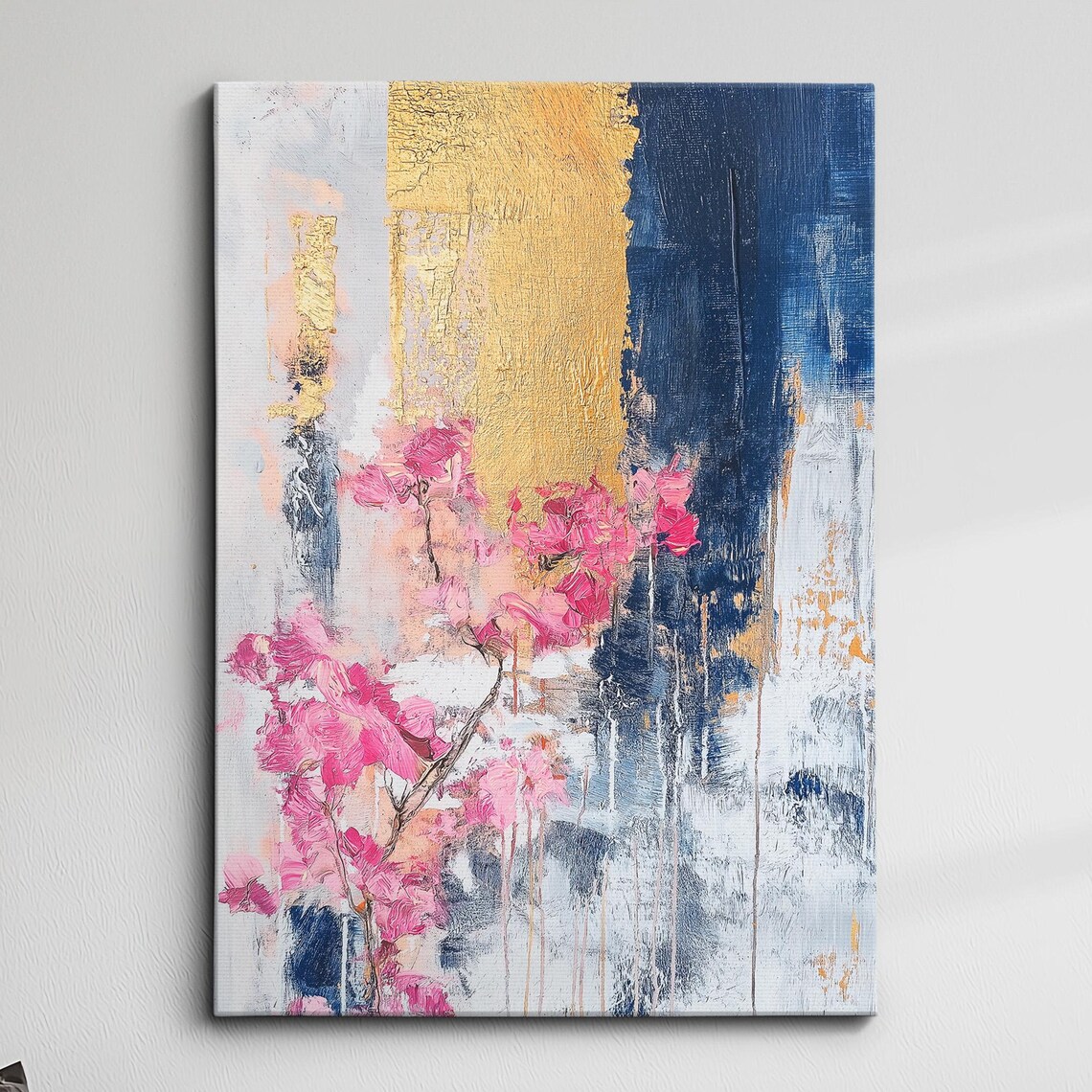 Pink Blossoms Over Gold and Navy Abstract Oil Painting Poster Art