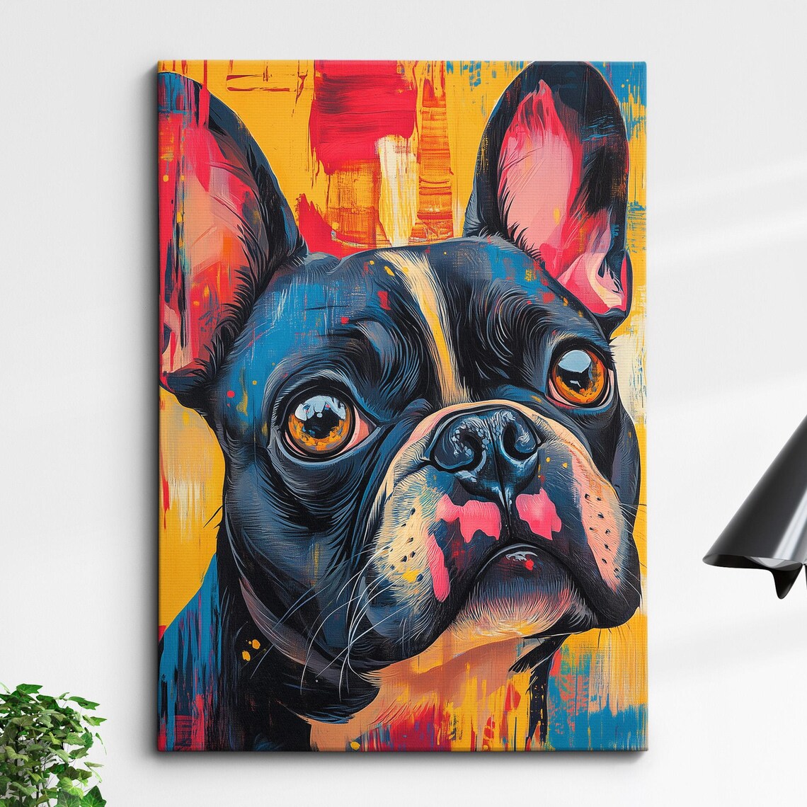 Black French Bulldog Close Up Portrait On Yellow And Red Poster