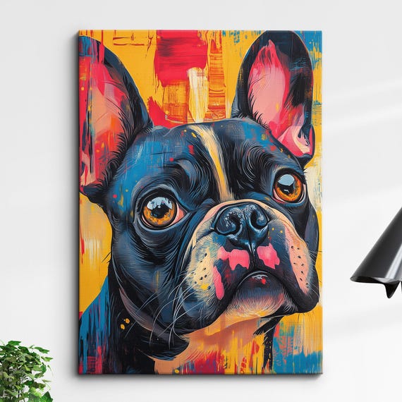 French Bulldog Closeup Dog Pet Abstract Modern Painting Wall Art Oil Framed Canvas Poster Print Home Kitchen Office Room Decor