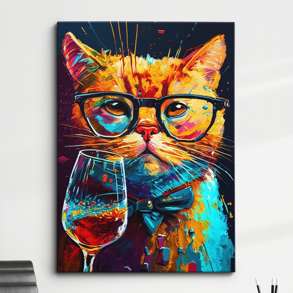 Dapper Orange Cat with Glasses Bow Tie Holding Wine Glass Pop Art Poster