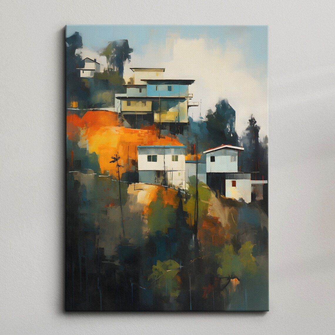 Los Angeles Hillside Houses Bright Daytime Oil Painting Canvas Poster