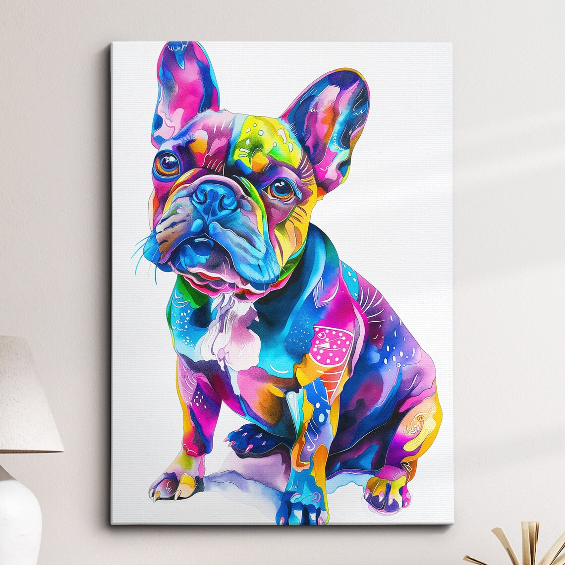 Colorful French Bulldog Dog Pet Abstract Modern Oil Painting Wall Art Framed Canvas Poster Print Home Kitchen Office Room Decor Gifts