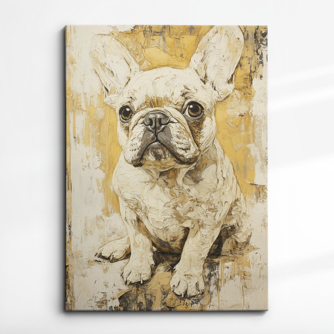 White French Bulldog Puppy Impasto Oil Painting Gold Canvas Poster