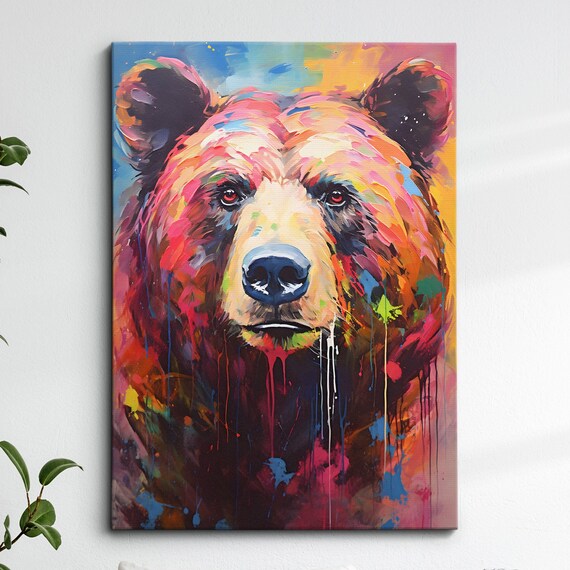 Colorful Grizzly Bear Animal Abstract Oil Painting Splatter Style Wall Art Framed Canvas Poster Print Home Kitchen Office Room Decor Gifts