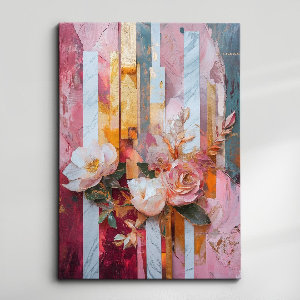 Pink and Gold Abstract Floral Geometric Stripes Painting Poster Art