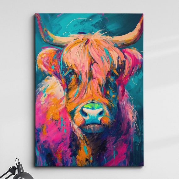 Highland Scottish Cow Painting Colouful Abstract Modern Wall Art Framed Canvas Poster Print Homeoffice Room Decor Gifts