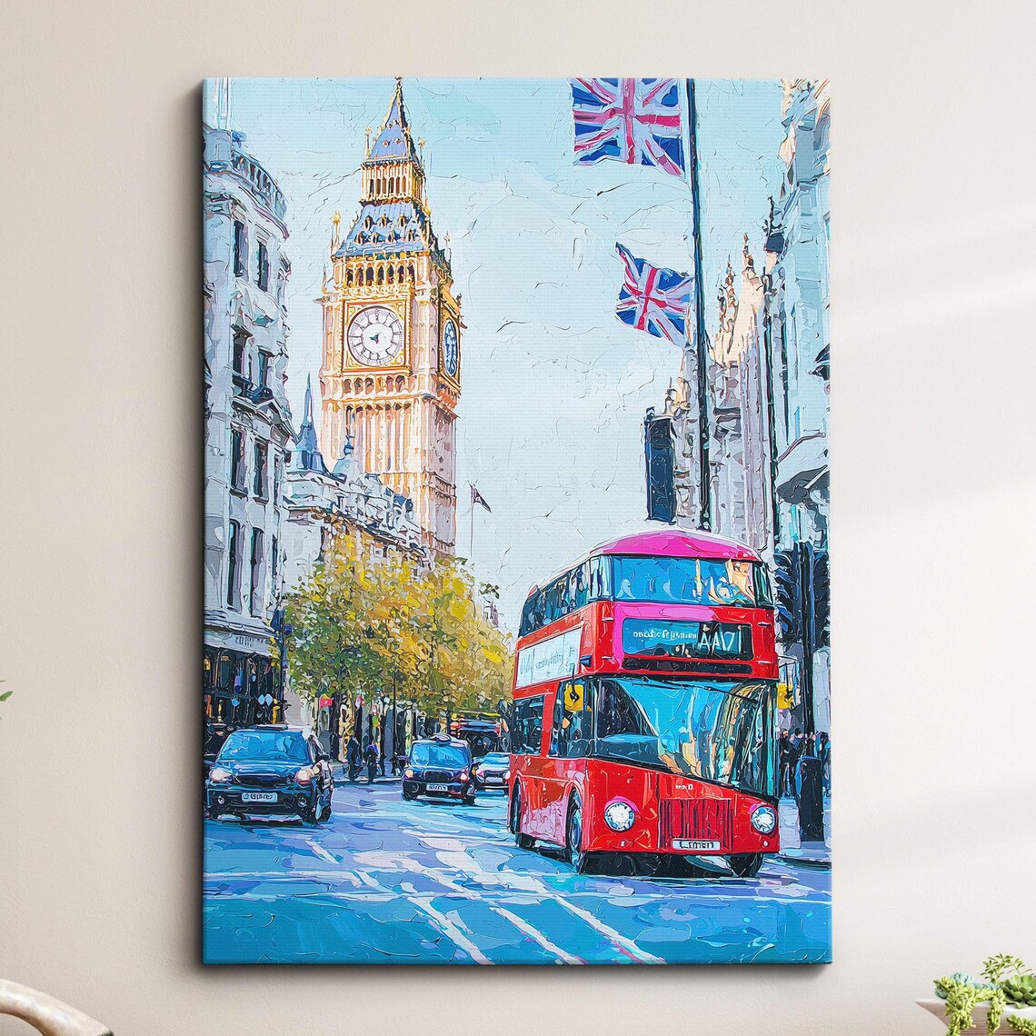 London Big Ben Red Double Decker Bus Street Oil Painting Poster