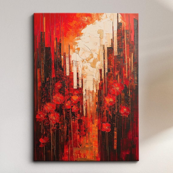 Modern Abstract Red Black Floral Cityscape Geometric Oil Painting Wall Art Framed Canvas Poster Print Home Living Room Decor Gift