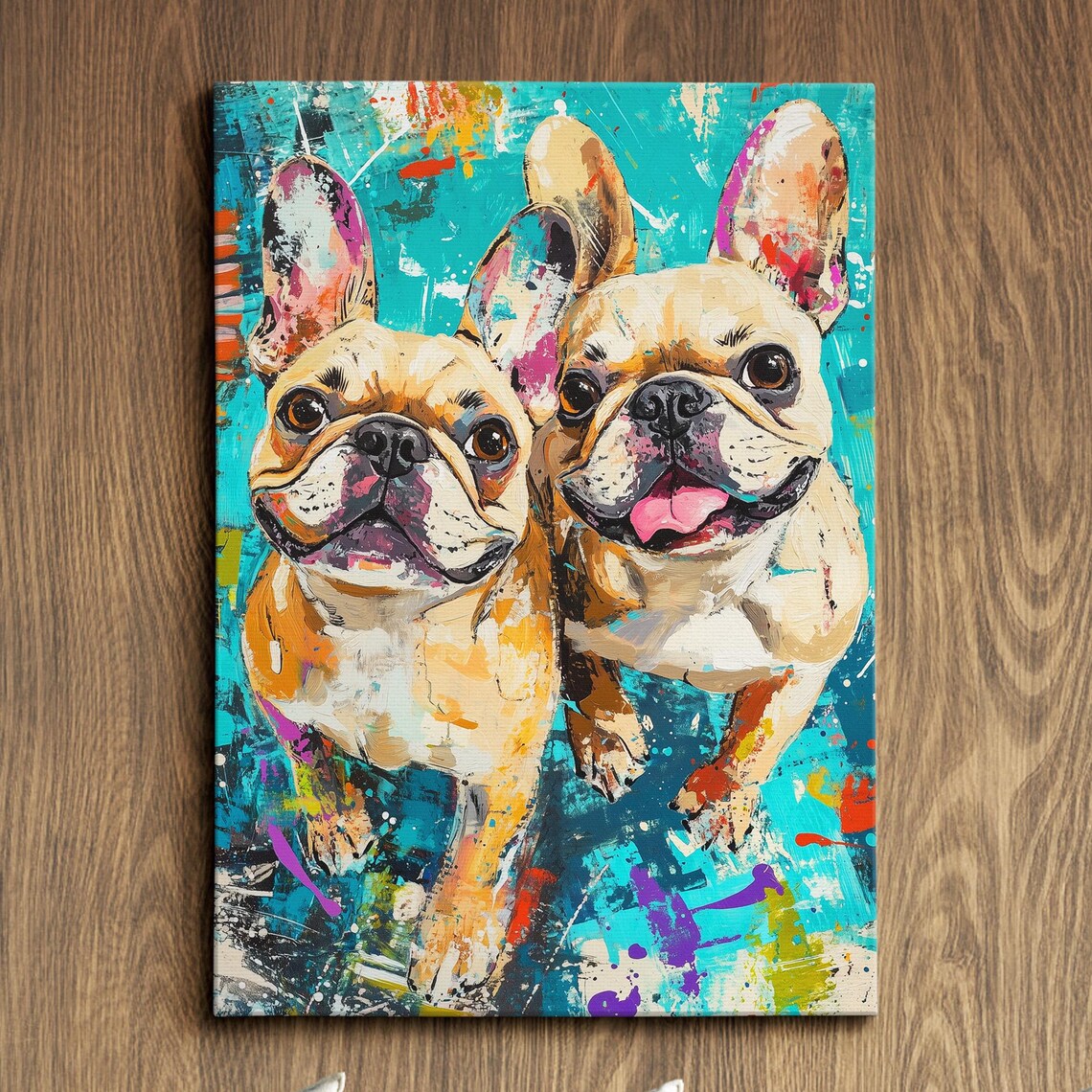 Two French Bulldog Puppies Turquoise Colorful Splash Art Poster