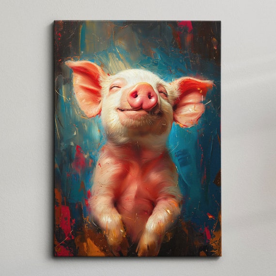Colorful Happy Pig Abstract Oil Painting Pop Art Style Wall Framed Canvas Poster Print Home Kitchen Living Room Decor Animal Gifts