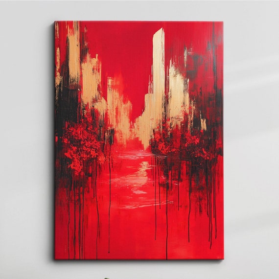 Modern Abstract Red Gold Cityscape Geometric Oil Painting Wall Art Framed Canvas Poster Print Home Living Room Decor Gifts Ideas