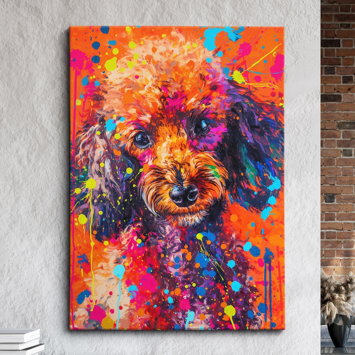 Blazing Orange Poodle Portrait Neon Paint Splatter Canvas Poster