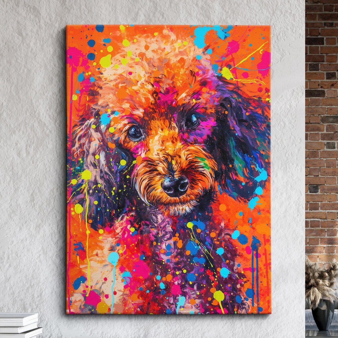Colorful Poodle Fun Animal Dog Pet Lover Abstract Oil Painting Wall Art Framed Canvas Poster Print Home Kitchen Living Room Decor Gifts