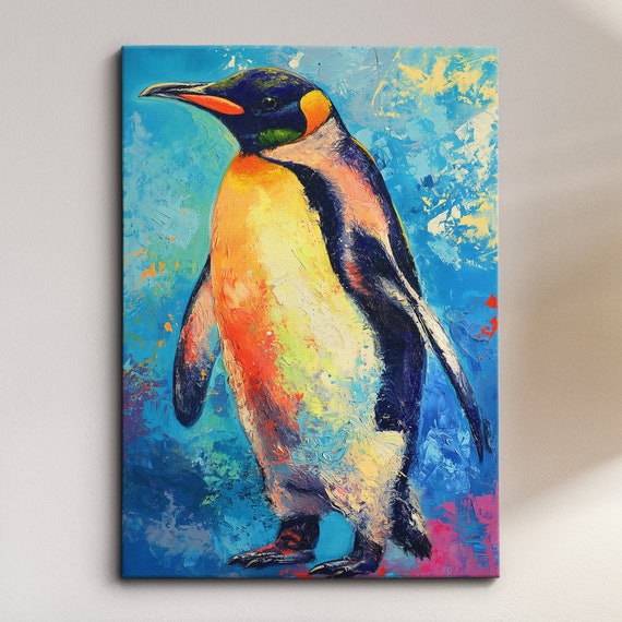 Beautiful Penguin Abstract Bird Animal Sea Oil Painting Splatter Style Wall Art Framed Canvas Poster Print Homeoffice Room Decor Gifts