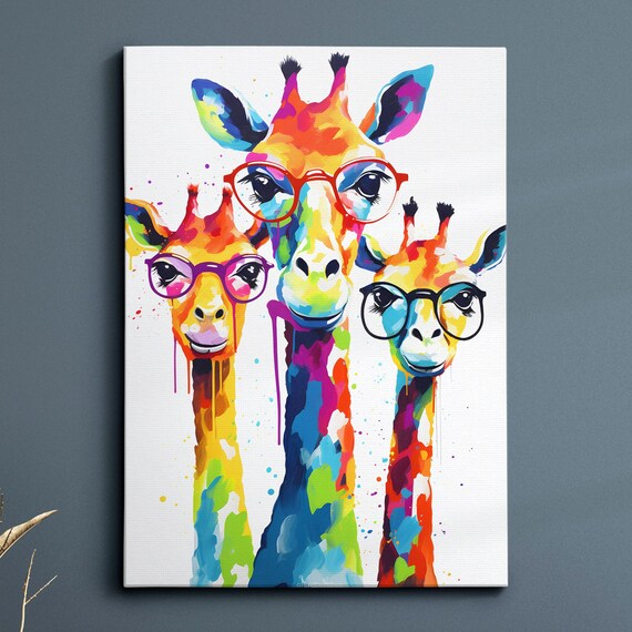 Colorful Giraffe Group Glasses Abstract Oil Painting Style Wall Art Framed Canvas Poster Print Home Kitchen Office Room Decor Gifts