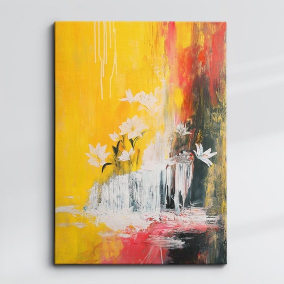 Modern Abstract Yellow White Floral Geometric Oil Painting Wall Art Framed Canvas Poster Print Home Living Room Decor Gifts Ideas
