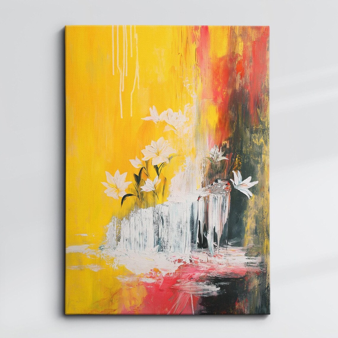 Yellow Abstract White Lily Floral Drip Oil Painting Canvas Poster