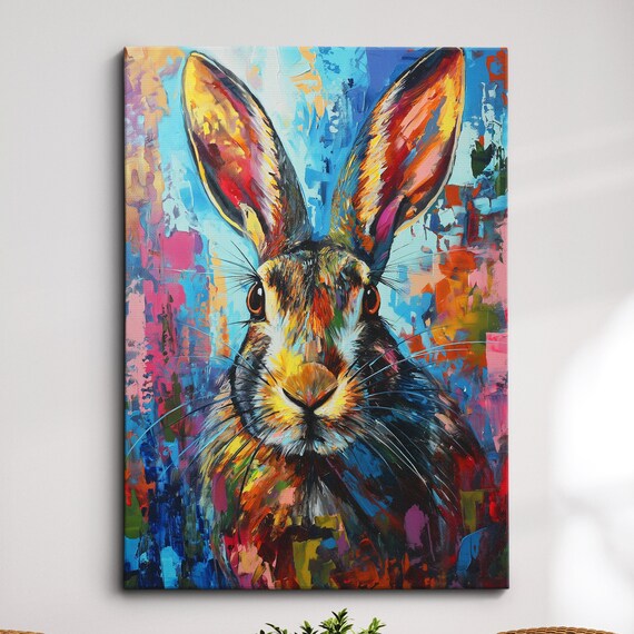 Colorful Rabbit Animal Abstract Oil Painting Splatter Style Wall Art Framed Canvas Poster Print Home Kitchen Office Room Decor Gifts