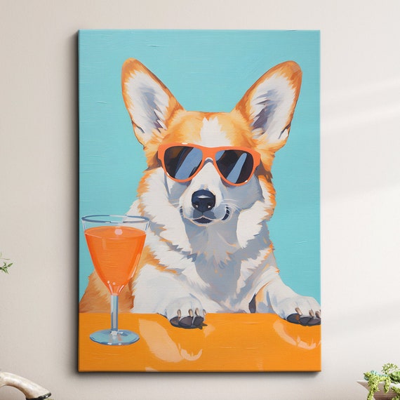 Corgi With Glasses Drinking Fun Animal Dog Pet Lover Abstract Wall Art Framed Canvas Poster Print Home Kitchen Office Room Decor Gifts