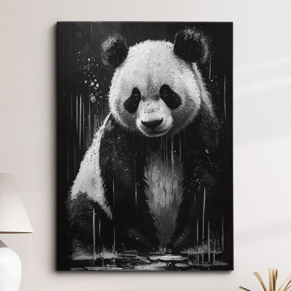 Panda Black And White Animal Abstract Oil Painting Style Wall Art Framed Canvas Poster Print Home Kitchen Office Room Decor