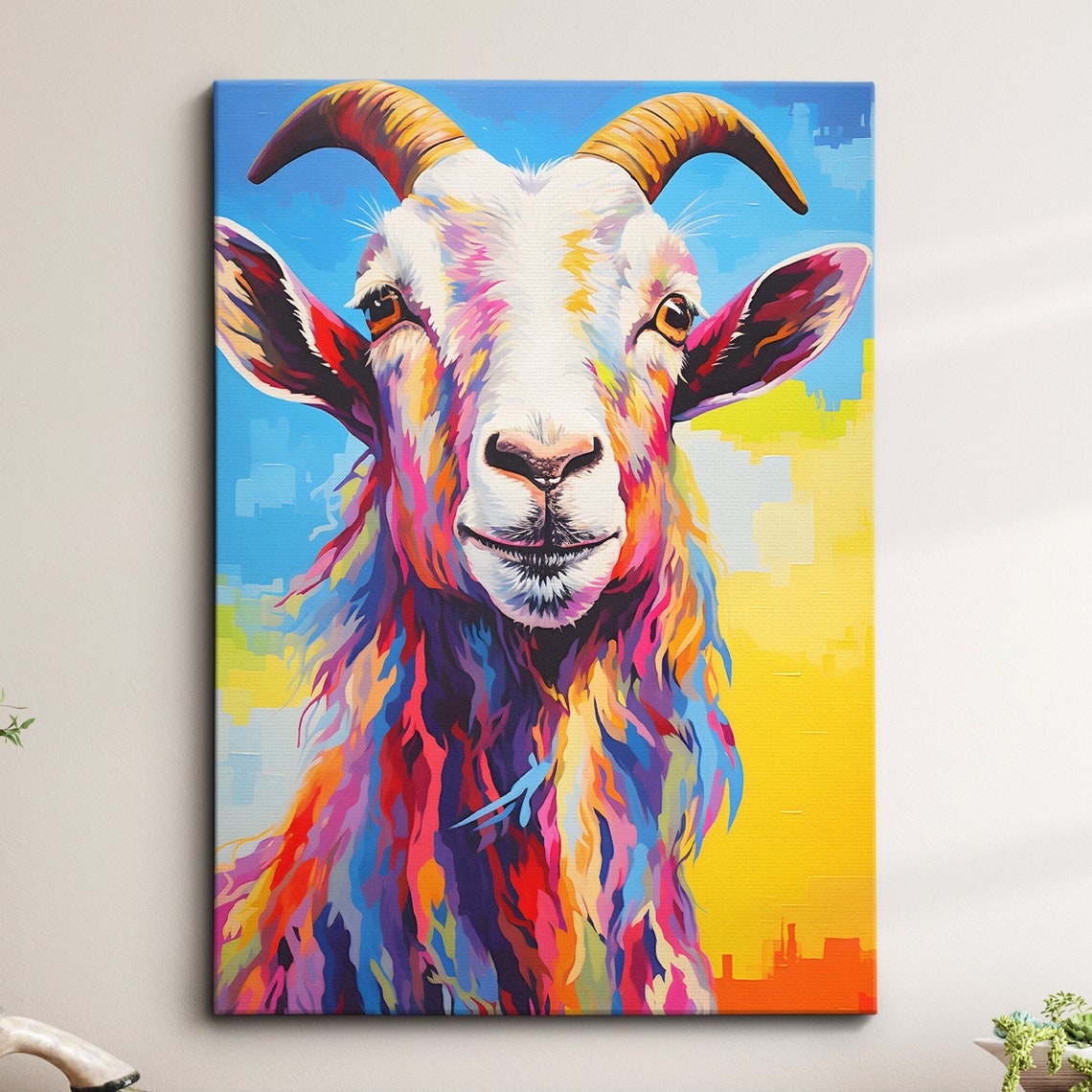 Colorful Smiling Goat Portrait in Pop Art Farm Animal Poster