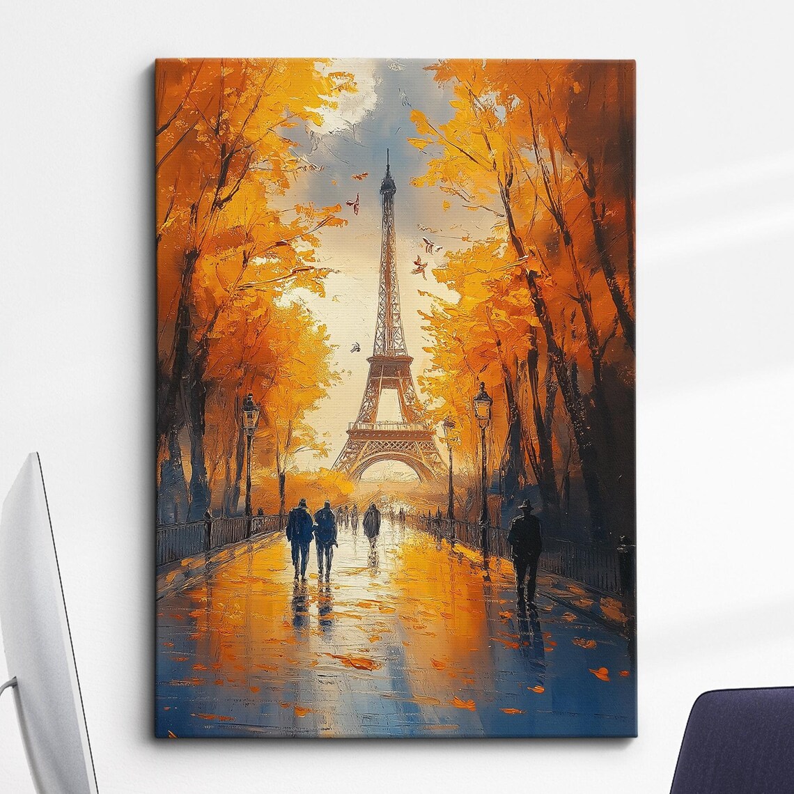 Paris Eiffel Tower Autumn Rainy Street Impressionist Style Wall Art