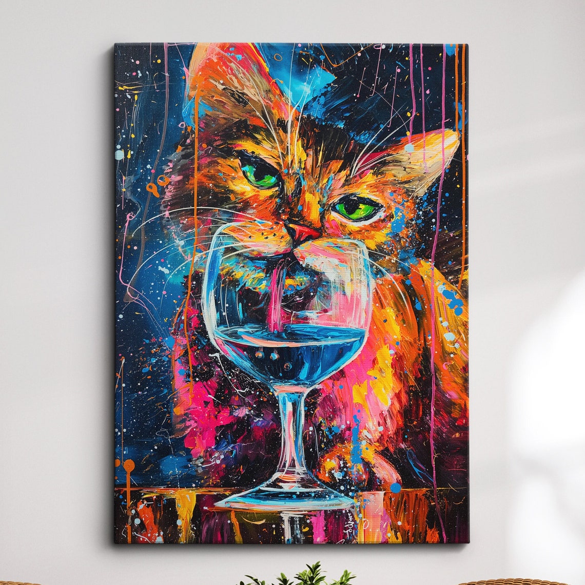 Cat Drinking Wine Pet Abstract Modern Painting Wall Art Framed Canvas Poster Print Home Kitchen Office Room Decor Gifts
