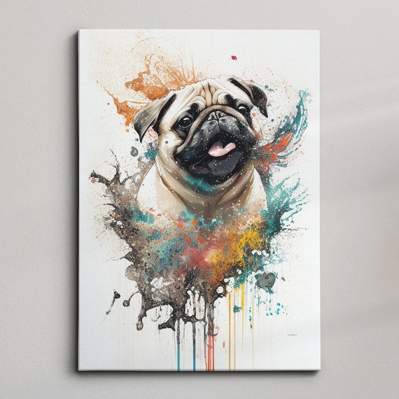 Pug Puppy Dog Animal Abstract Oil Painting Splatter Dripping Style Wall Art Framed Canvas Poster Print Home Kitchen Office Room Decor