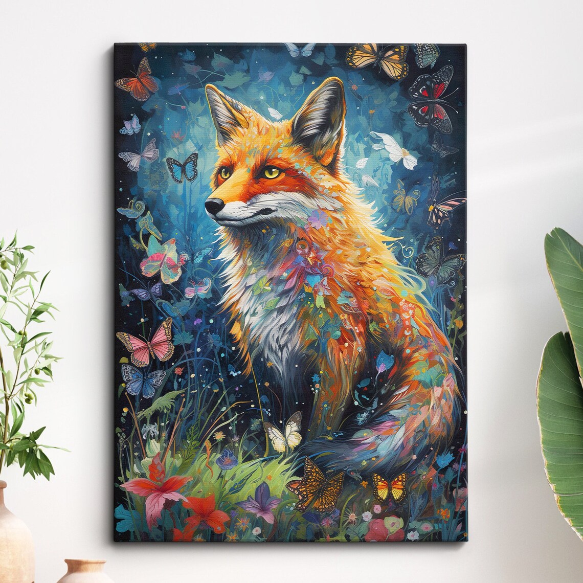 Red Fox With Butterflies Colorful Abstract Oil Painting Wall Art