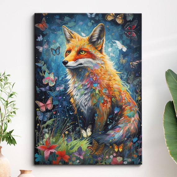 Colorful Fox Butterflies Abstract Oil Painting Splatter Style Wall Art Framed Canvas Poster Print Home Kitchen Office Room Decor