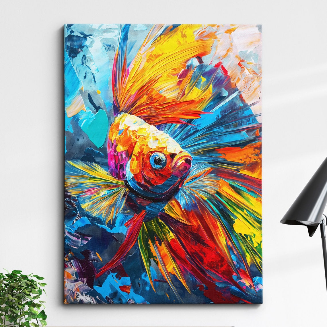 Bright Colorful Betta Fish Animal Abstract Paint Splash Modern Painting Wall Art Framed Canvas Poster Print Homeoffice Room Decor Gift