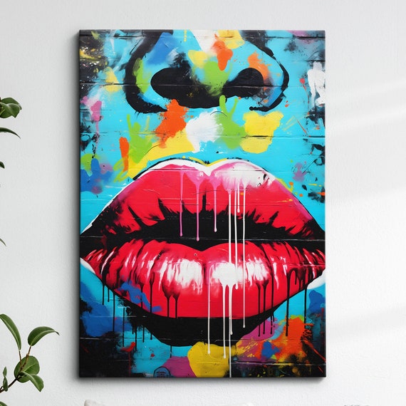 Fun Graffiti Lips Face Teeth Smile Abstract Oil Painting Wall Art Framed Canvas Poster Print Home Kitchen Office Bedroom Decor