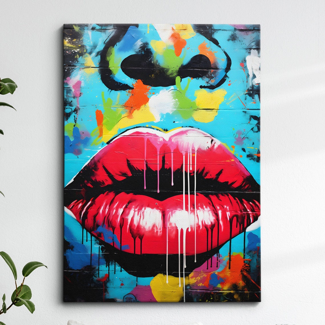 Fun Graffiti Lips Face Teeth Smile Abstract Oil Painting Wall Art Framed Canvas Poster Print Home Kitchen Office Bedroom Decor