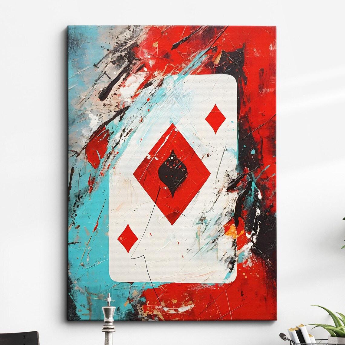 Ace of Diamonds Playing Card Vibrant Red Blue Abstract Art Poster