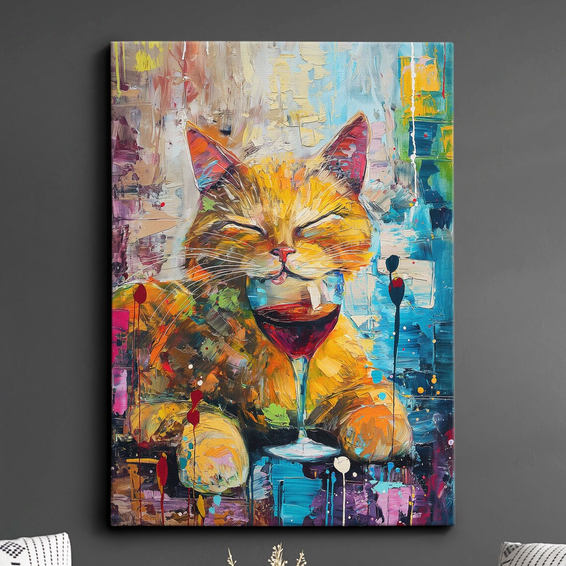 Orange Tabby Cat Sipping Red Wine Glass Colorful Abstract Fun Poster