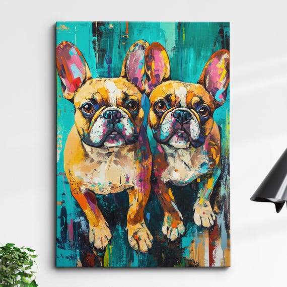 French Bulldogs Palette Painting Dog Pet Abstract Modern Wall Art Oil Framed Canvas Poster Home Kitchen Office Decor