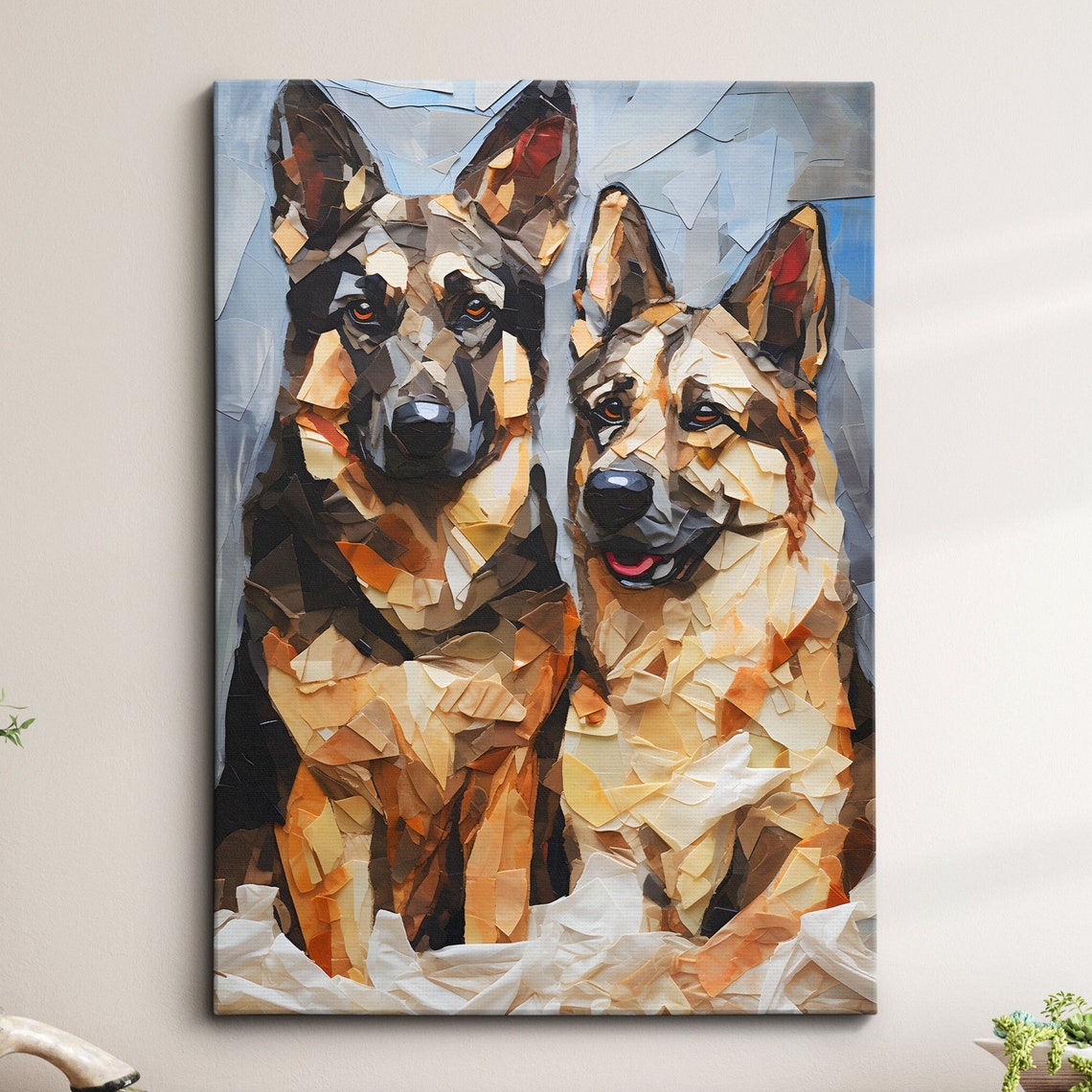 German Shepherd Pair Paper Mache Style Blue Background Dog Poster
