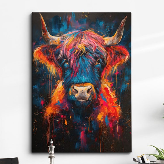 Highland Scottish Cow Painting Colouful Abstract Modern Wall Art Framed Canvas Poster Print Homeoffice Room Decor Gifts