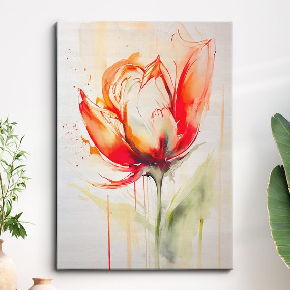 Beautiful Red Tulip Flower Modern Abstract Oil Painting Style Wall Art Framed Canvas Poster Print Home Kitchen Office Room Decor Gifts