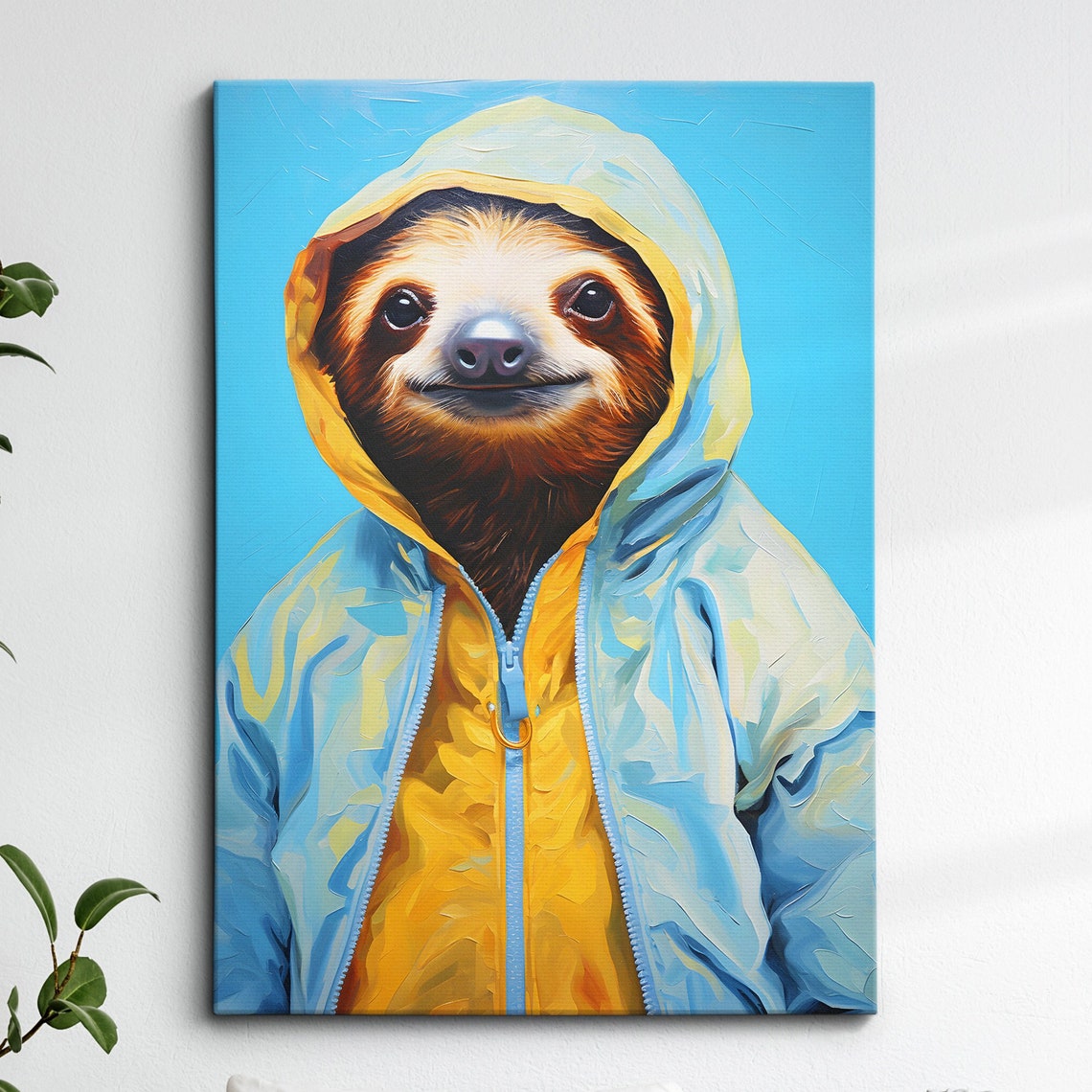 Sloth In Yellow Raincoat Happy Funny Animal Portrait Wall Art