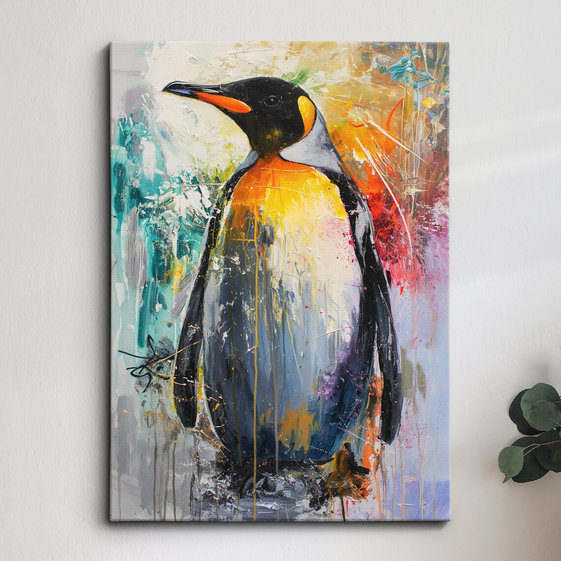 King Penguin Abstract Splash Colorful Oil Painting Canvas Poster